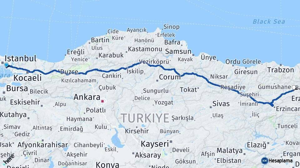 İstanbul Maltepe Bayburt Arası Kaç Km - Yol Haritası