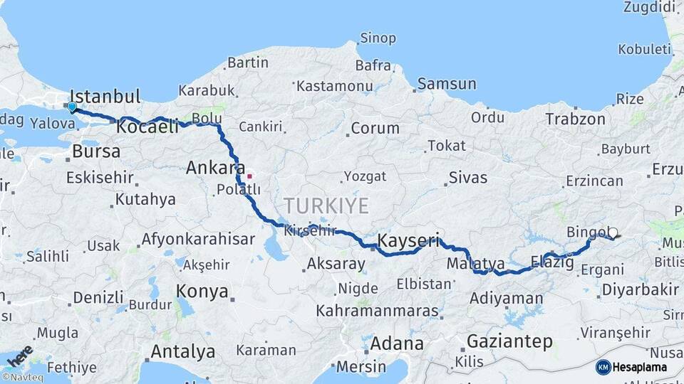 İstanbul Maltepe Bingöl Arası Kaç Km - Yol Haritası