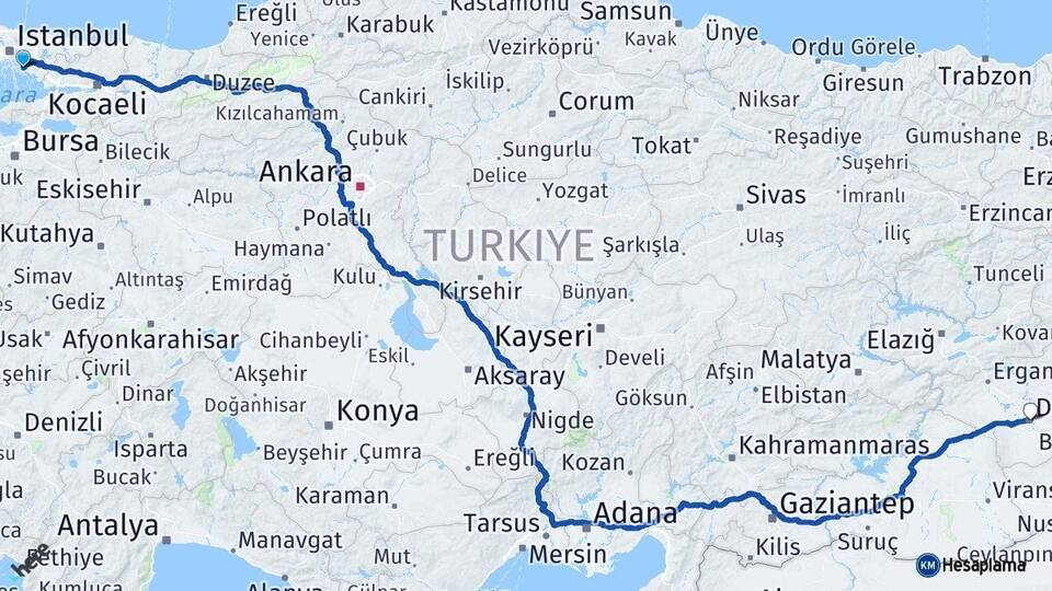 İstanbul Maltepe Diyarbakır Arası Kaç Km - Yol Haritası