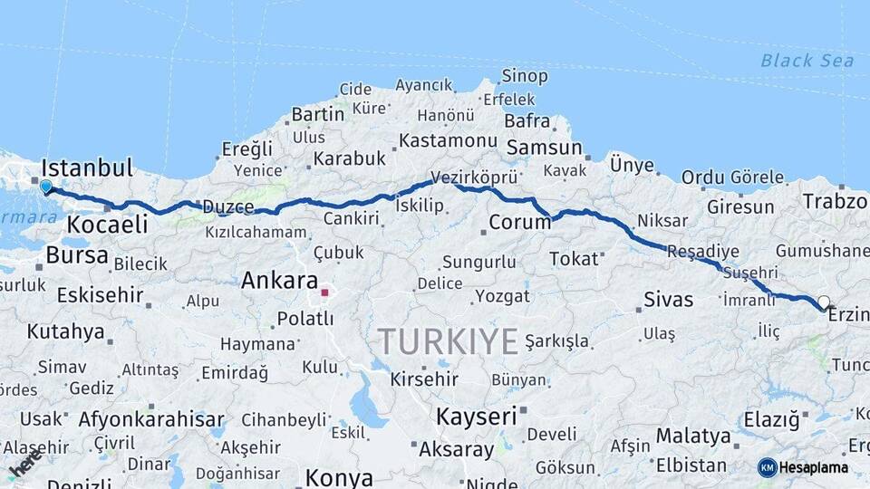 İstanbul Maltepe Erzincan Arası Kaç Km - Yol Haritası