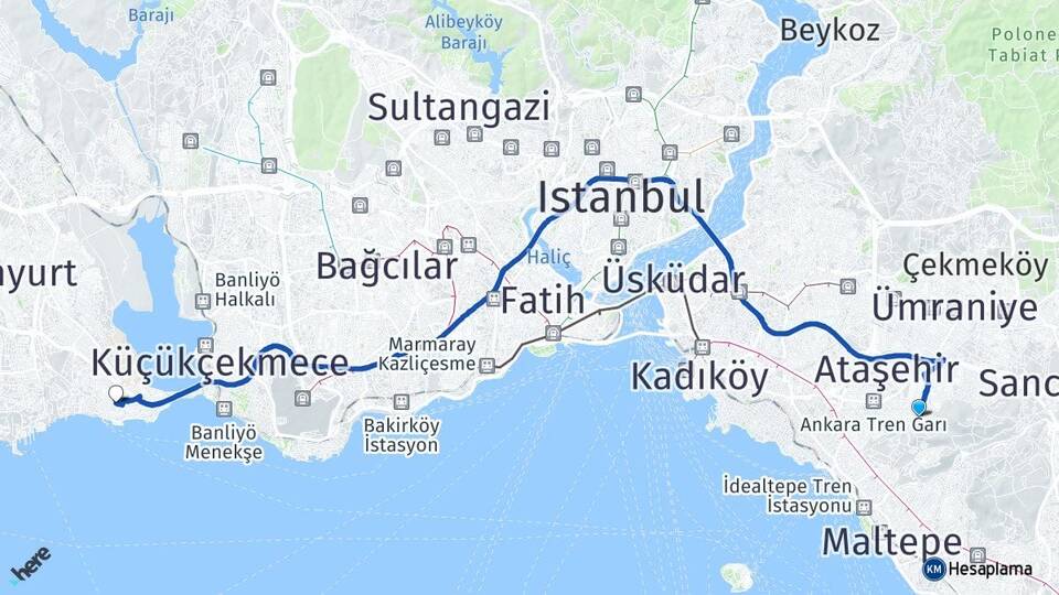 İstanbul Maltepe Fındıklı Avcılar Arası Kaç Km - Yol Haritası