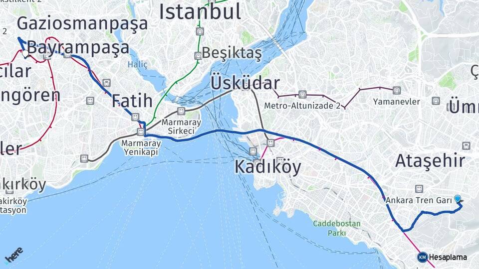 İstanbul Maltepe Fındıklı Esenler Arası Kaç Km - Yol Haritası