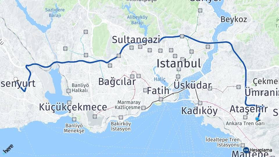 İstanbul Maltepe Fındıklı Esenyurt Arası Kaç Km - Yol Haritası