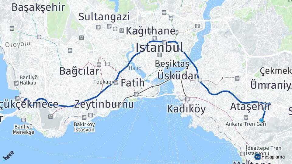 İstanbul Maltepe Fındıklı Küçükçekmece Arası Kaç Km - Yol Haritası