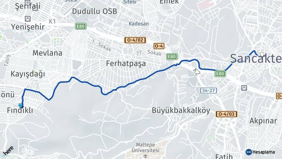 İstanbul Maltepe Fındıklı Sancaktepe Arası Kaç Km - Yol Haritası