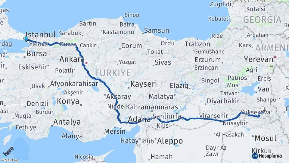 İstanbul Maltepe Hakkari Arası Kaç Km - Yol Haritası