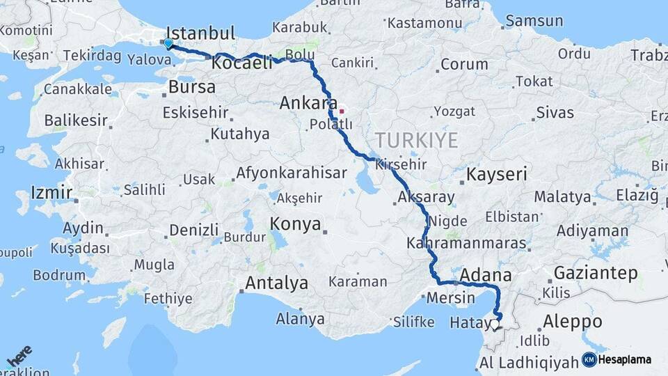 İstanbul Maltepe Hatay Arası Kaç Km - Yol Haritası
