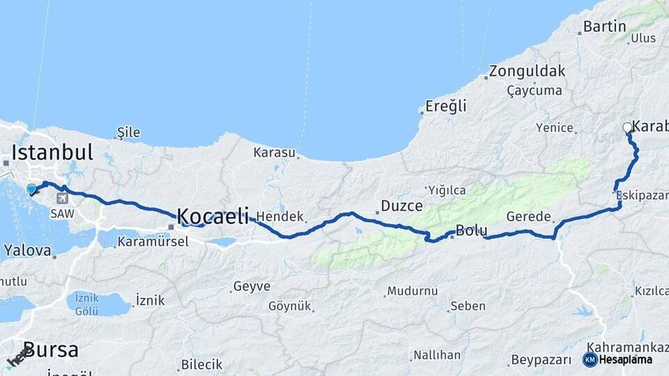 İstanbul Maltepe Karabük Arası Kaç Km - Yol Haritası