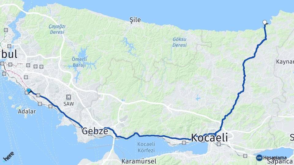 İstanbul Maltepe Kerpe Kandıra Kocaeli Arası Kaç Km - Yol Haritası