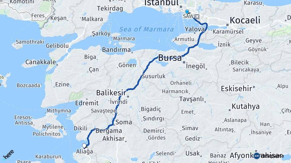 İstanbul Maltepe Küçükyalı Aliağa İzmir Arası Kaç Km - Yol Haritası