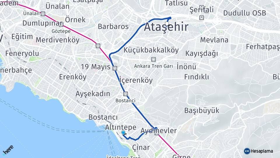 İstanbul Maltepe Küçükyalı Ataşehir Arası Kaç Km - Yol Haritası