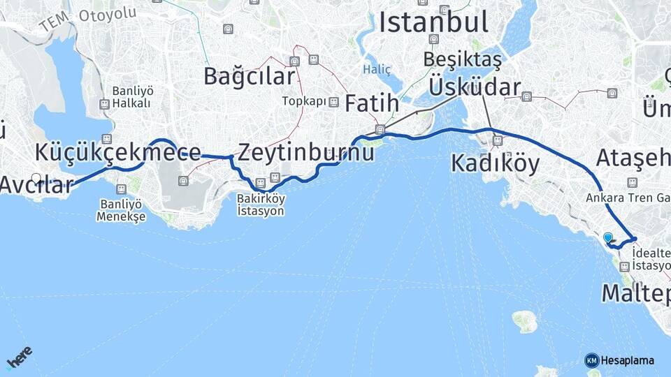 İstanbul Maltepe Küçükyalı Avcılar Arası Kaç Km - Yol Haritası