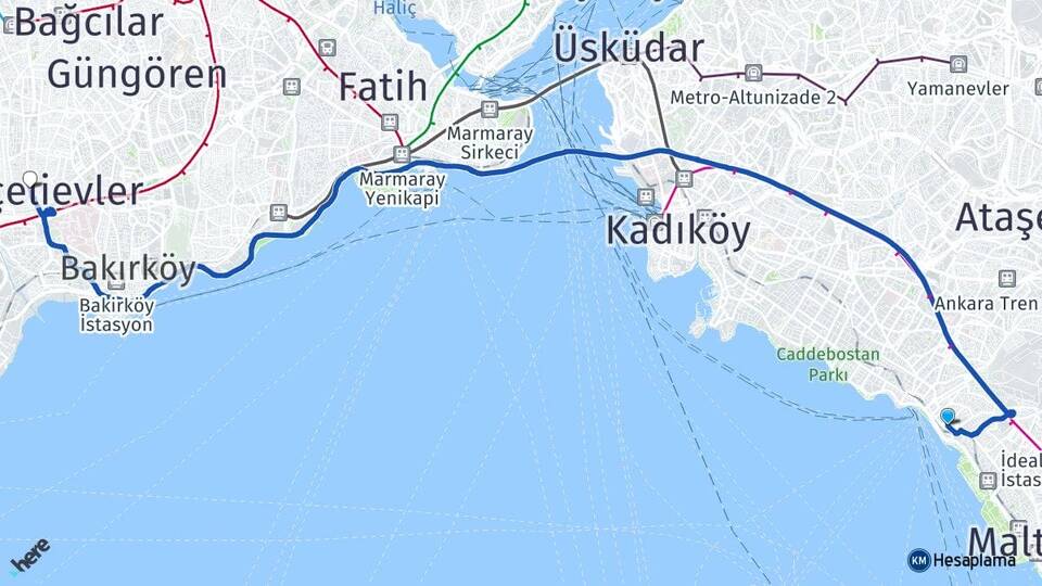 İstanbul Maltepe Küçükyalı Bahçelievler Arası Kaç Km - Yol Haritası