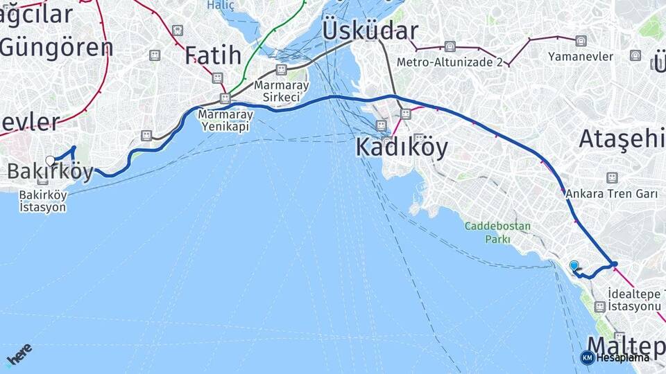 İstanbul Maltepe Küçükyalı Bakırköy Arası Kaç Km - Yol Haritası