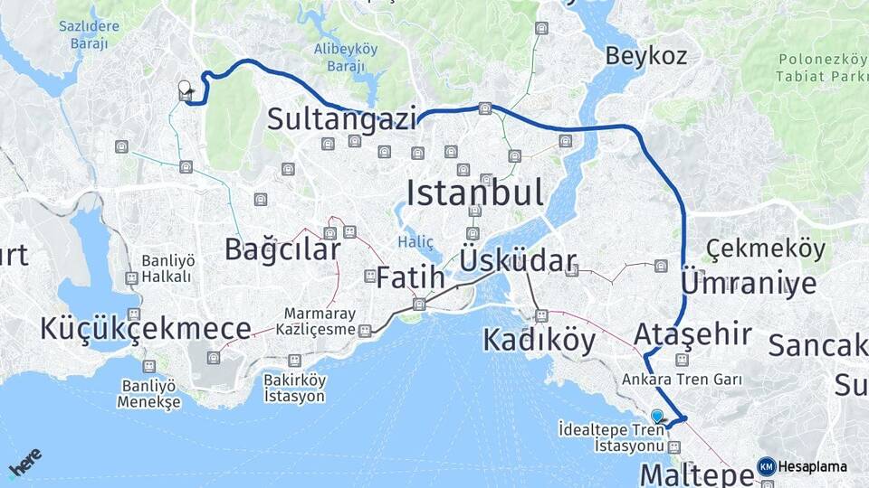 İstanbul Maltepe Küçükyalı Başakşehir Arası Kaç Km - Yol Haritası