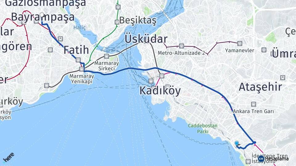 İstanbul Maltepe Küçükyalı Bayrampaşa Arası Kaç Km - Yol Haritası