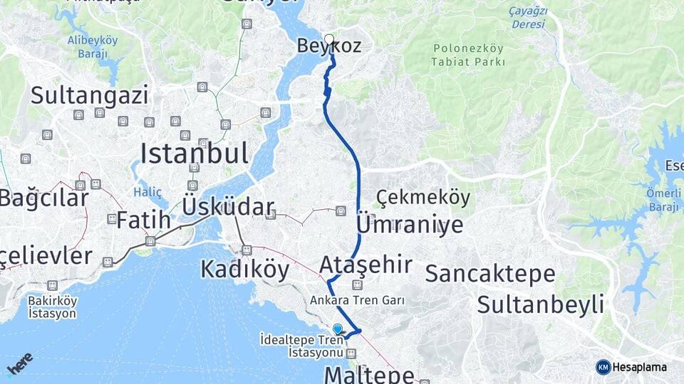 İstanbul Maltepe Küçükyalı Beykoz Arası Kaç Km - Yol Haritası