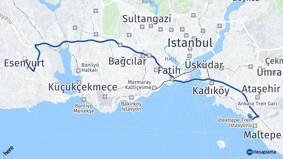 İstanbul Maltepe Küçükyalı Esenyurt Arası Kaç Km - Yol Haritası