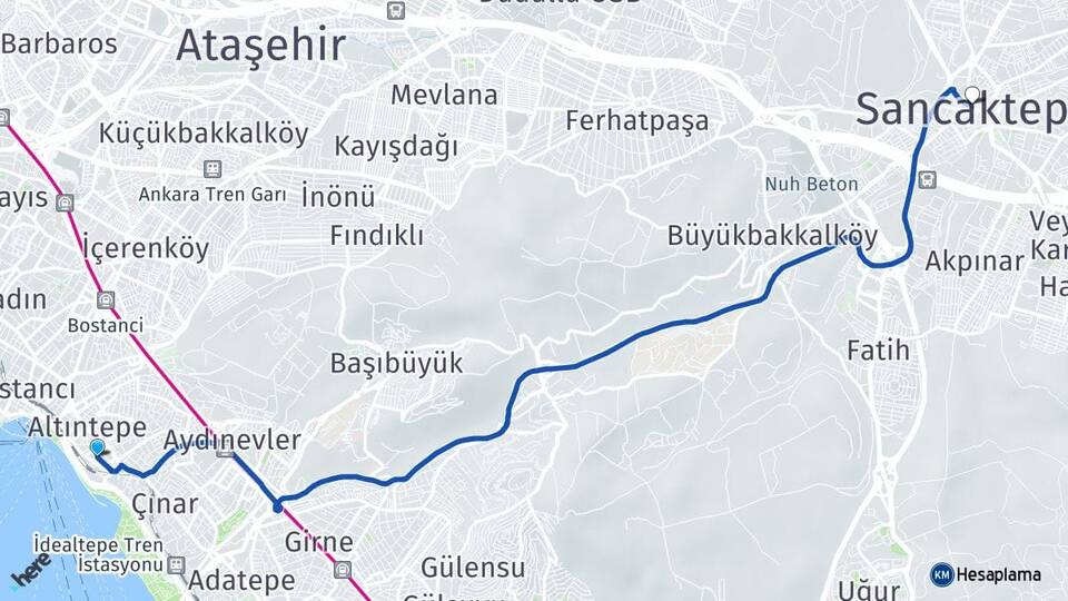 İstanbul Maltepe Küçükyalı Sancaktepe Arası Kaç Km - Yol Haritası