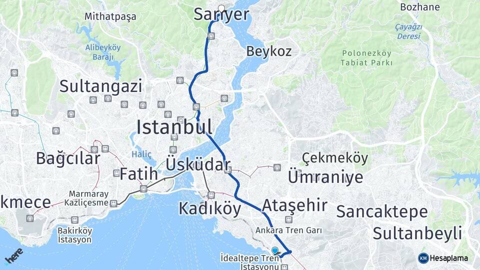 İstanbul Maltepe Küçükyalı Sarıyer Arası Kaç Km - Yol Haritası