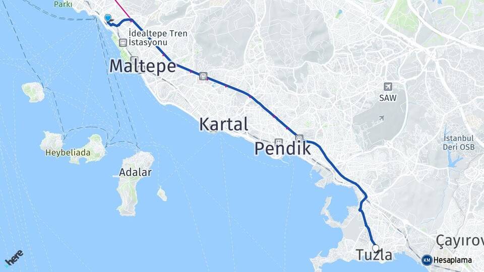 İstanbul Maltepe Küçükyalı Tuzla Arası Kaç Km - Yol Haritası