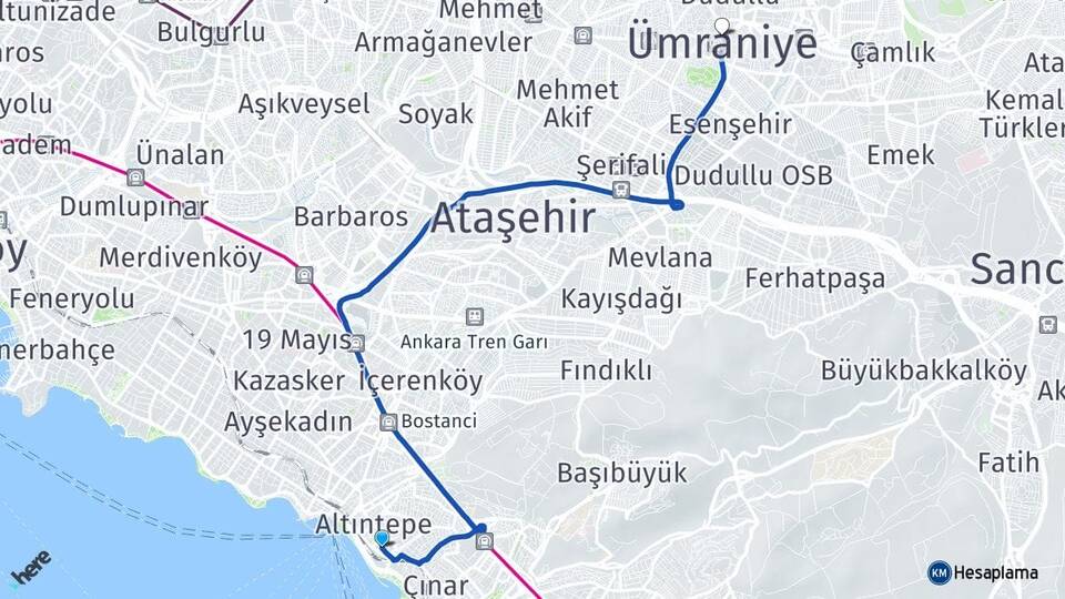 İstanbul Maltepe Küçükyalı Ümraniye Arası Kaç Km - Yol Haritası