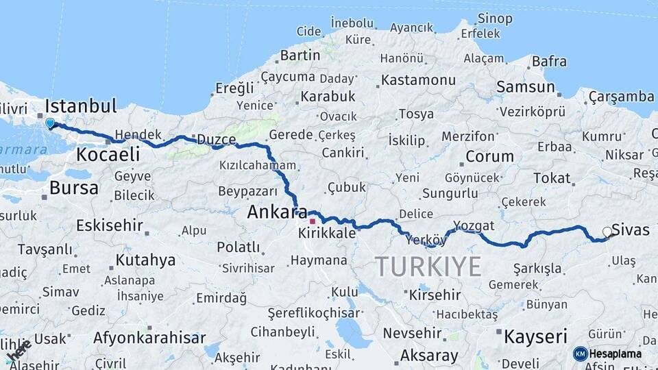 İstanbul Maltepe Sivas Arası Kaç Km - Yol Haritası