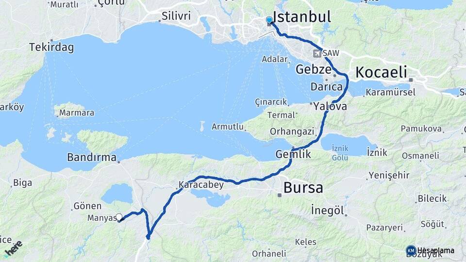 İstanbul Manyas Balıkesir Arası Kaç Km - Yol Haritası