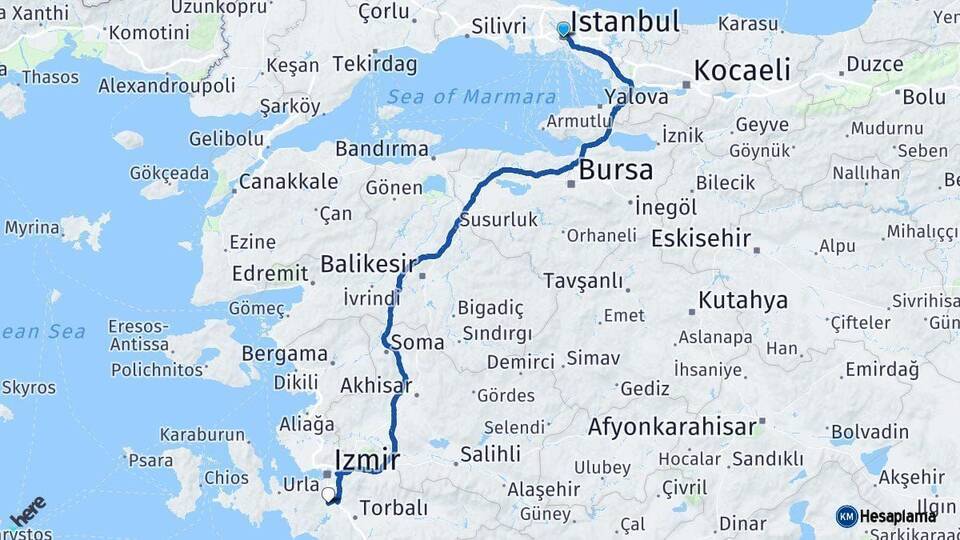 İstanbul Menderes İzmir Arası Kaç Km - Yol Haritası