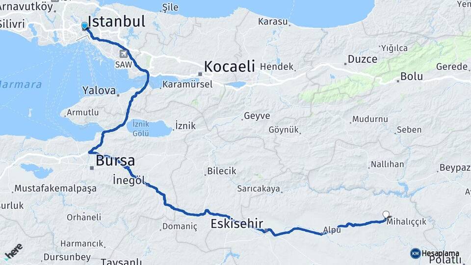 İstanbul Mihalıççık Eskişehir Arası Kaç Km - Yol Haritası