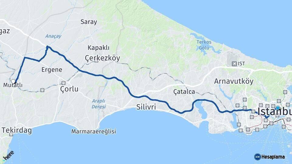İstanbul Muratlı Tekirdağ Arası Kaç Km - Yol Haritası