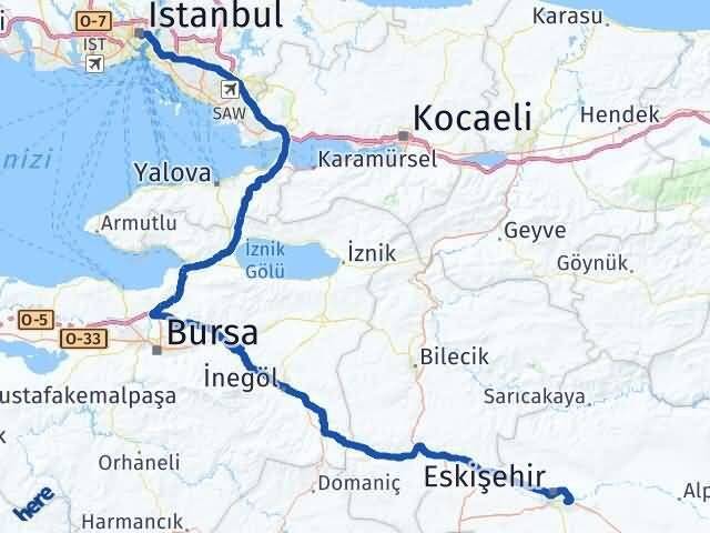 İstanbul Odunpazarı Eskişehir Arası Kaç Km - Yol Haritası