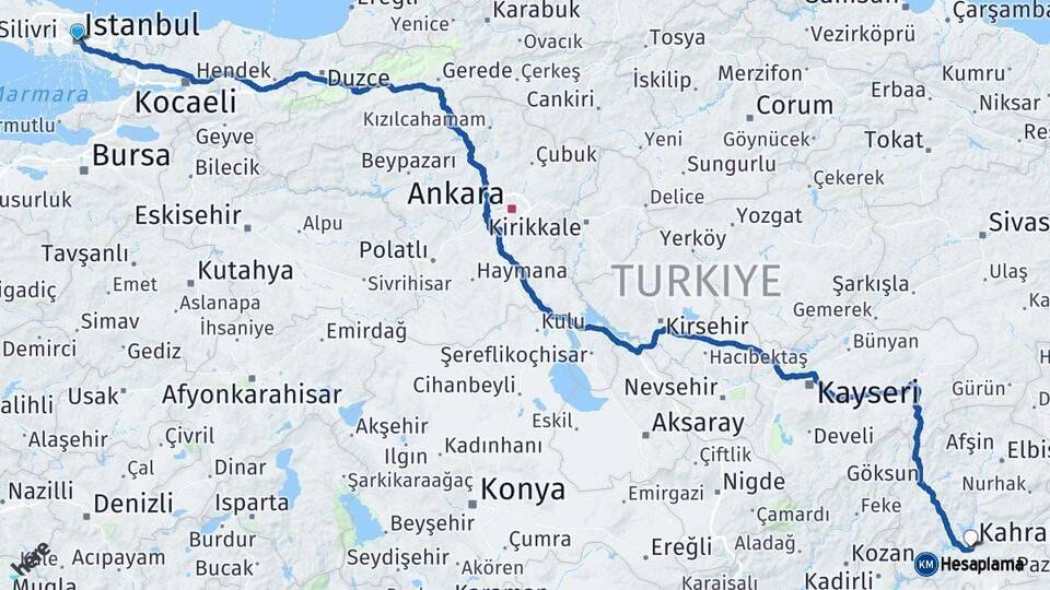 İstanbul Onikişubat Kahramanmaraş Arası Kaç Km - Yol Haritası