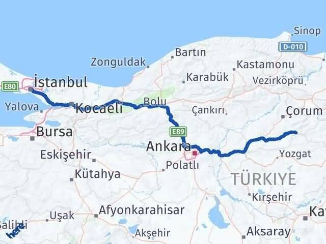 İstanbul Ortaköy Çorum Arası Kaç Km - Yol Haritası