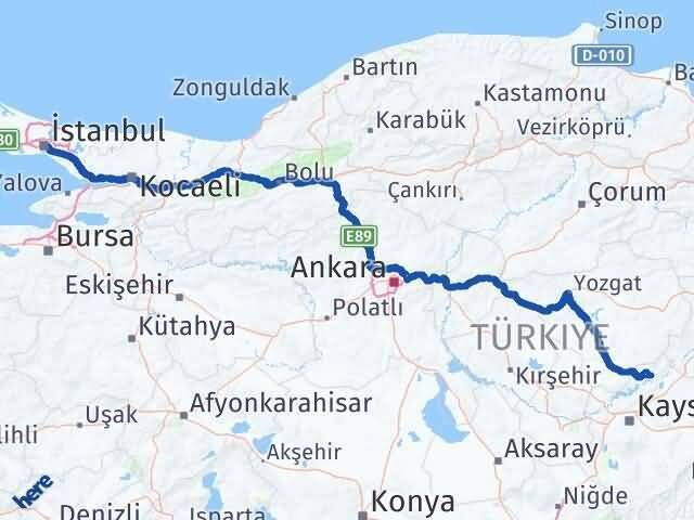 İstanbul Özvatan Kayseri Arası Kaç Km - Yol Haritası