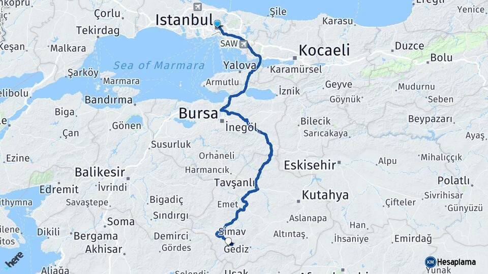 İstanbul Pazarlar Kütahya Arası Kaç Km - Yol Haritası