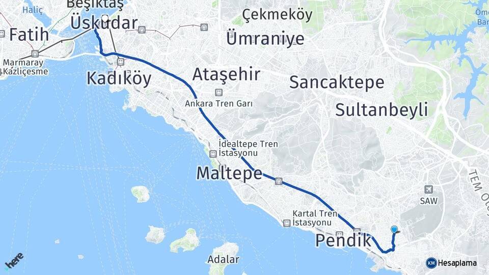 İstanbul Pendik Kavakpınar Üsküdar Arası Kaç Km - Yol Haritası