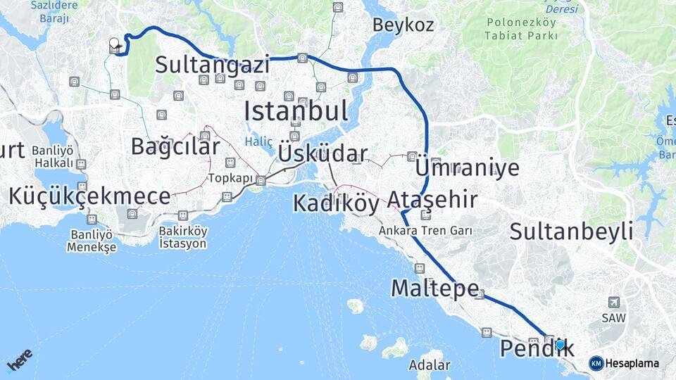 İstanbul Pendik Kaynarca Başakşehir Arası Kaç Km - Yol Haritası