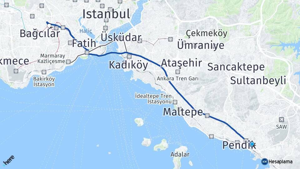 İstanbul Pendik Kaynarca Esenler Arası Kaç Km - Yol Haritası
