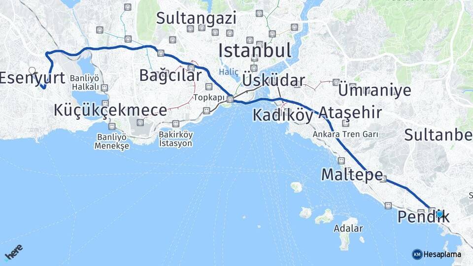 İstanbul Pendik Kaynarca Esenyurt Arası Kaç Km - Yol Haritası
