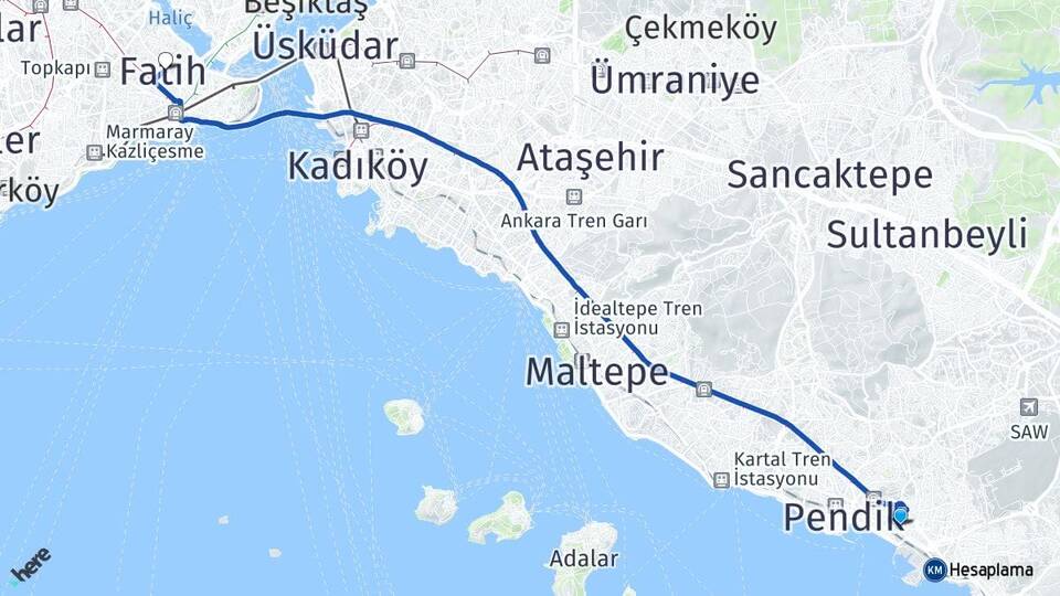 İstanbul Pendik Kaynarca Fatih Arası Kaç Km - Yol Haritası