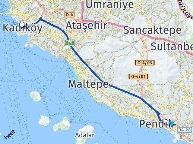 pendik kaynarca kadikoy istanbul arasi kac km kac saat