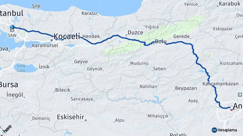 İstanbul Pendik Kurtköy Ankara Arası Kaç Km - Yol Haritası