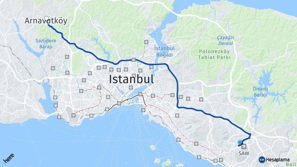 İstanbul Pendik Kurtköy Arnavutköy Arası Kaç Km - Yol Haritası