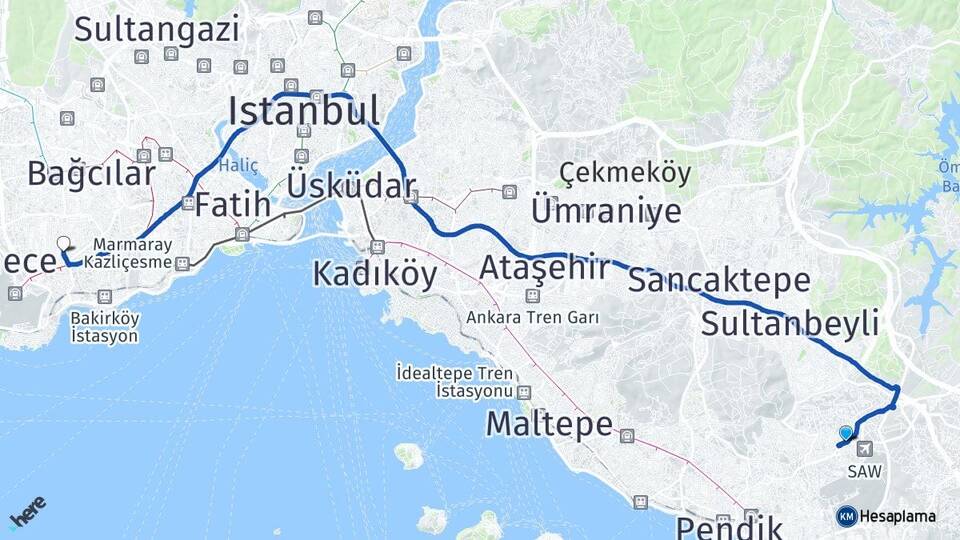 İstanbul Pendik Kurtköy Bahçelievler Arası Kaç Km - Yol Haritası