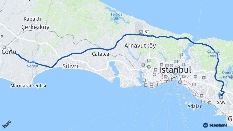 İstanbul Pendik Kurtköy Çorlu Tekirdağ Arası Kaç Km - Yol Haritası