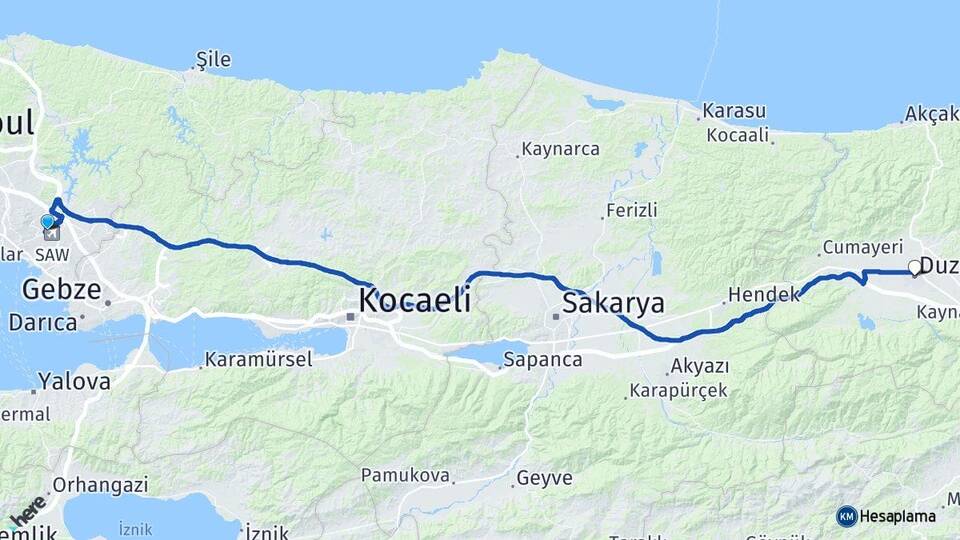 İstanbul Pendik Kurtköy Düzce Arası Kaç Km - Yol Haritası