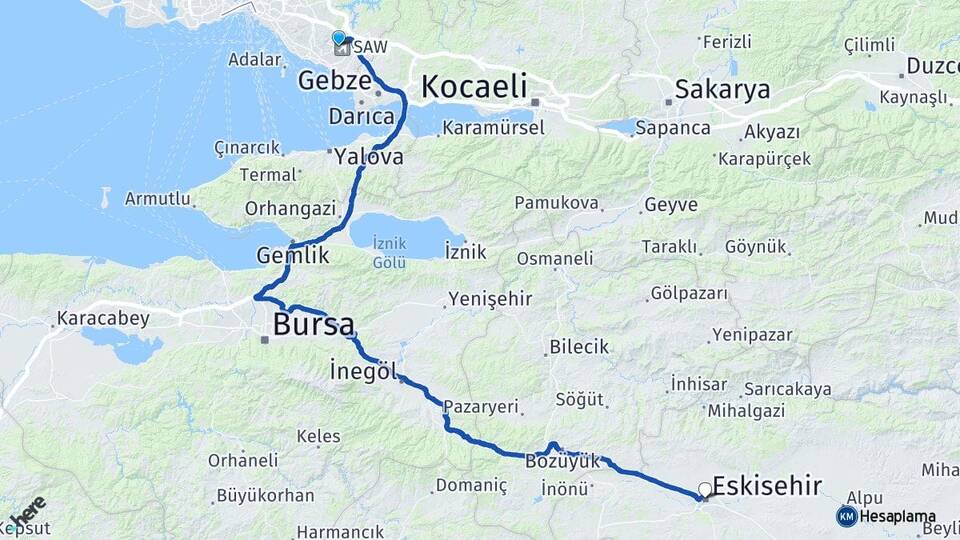 İstanbul Pendik Kurtköy Eskişehir Arası Kaç Km - Yol Haritası