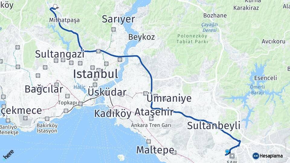 İstanbul Pendik Kurtköy Göktürk Eyüpsultan Arası Kaç Km - Yol Haritası