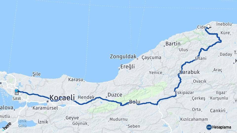 İstanbul Pendik Kurtköy İshakça Cide Kastamonu Arası Kaç Km - Yol Haritası
